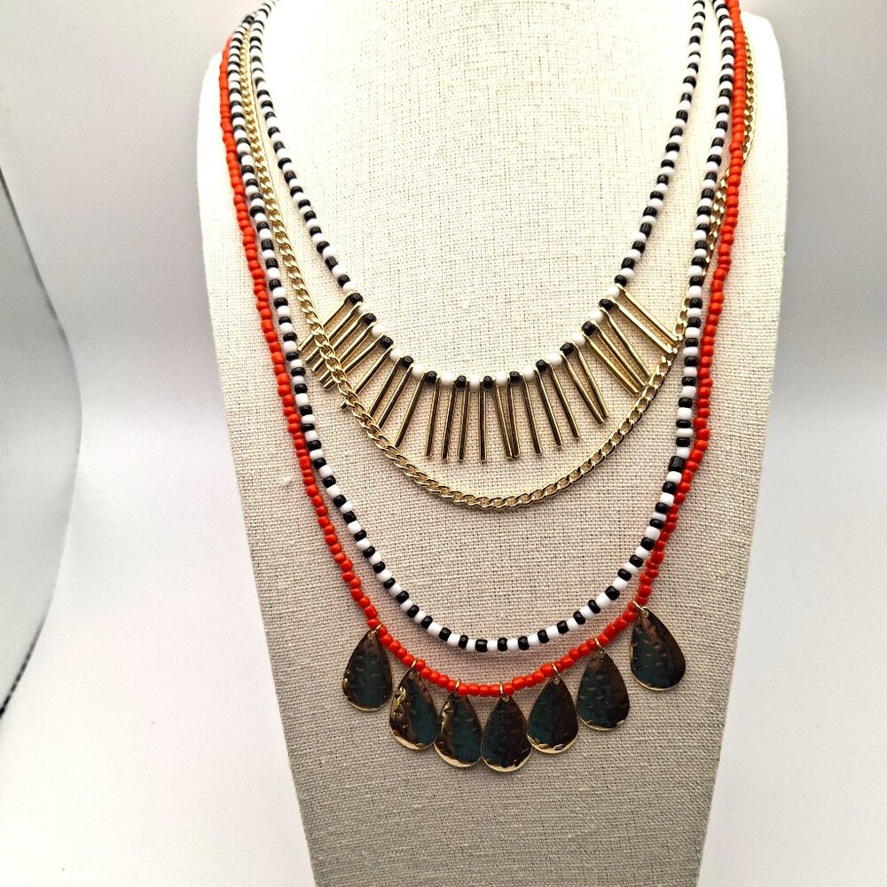 NWT Four Strand Beaded Necklace Black, White, Red, Gold